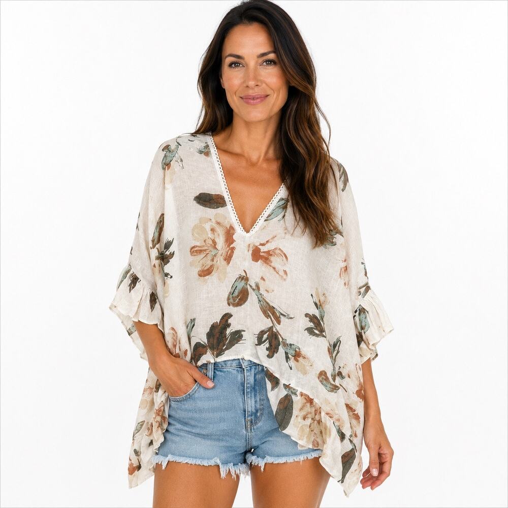 Made in Italy Cream Floral Linen Ruffle Tunic Top Sz One Size
